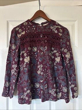 hinge Burgundy Floral Lace-Yoke Long Sleeve Blouse
